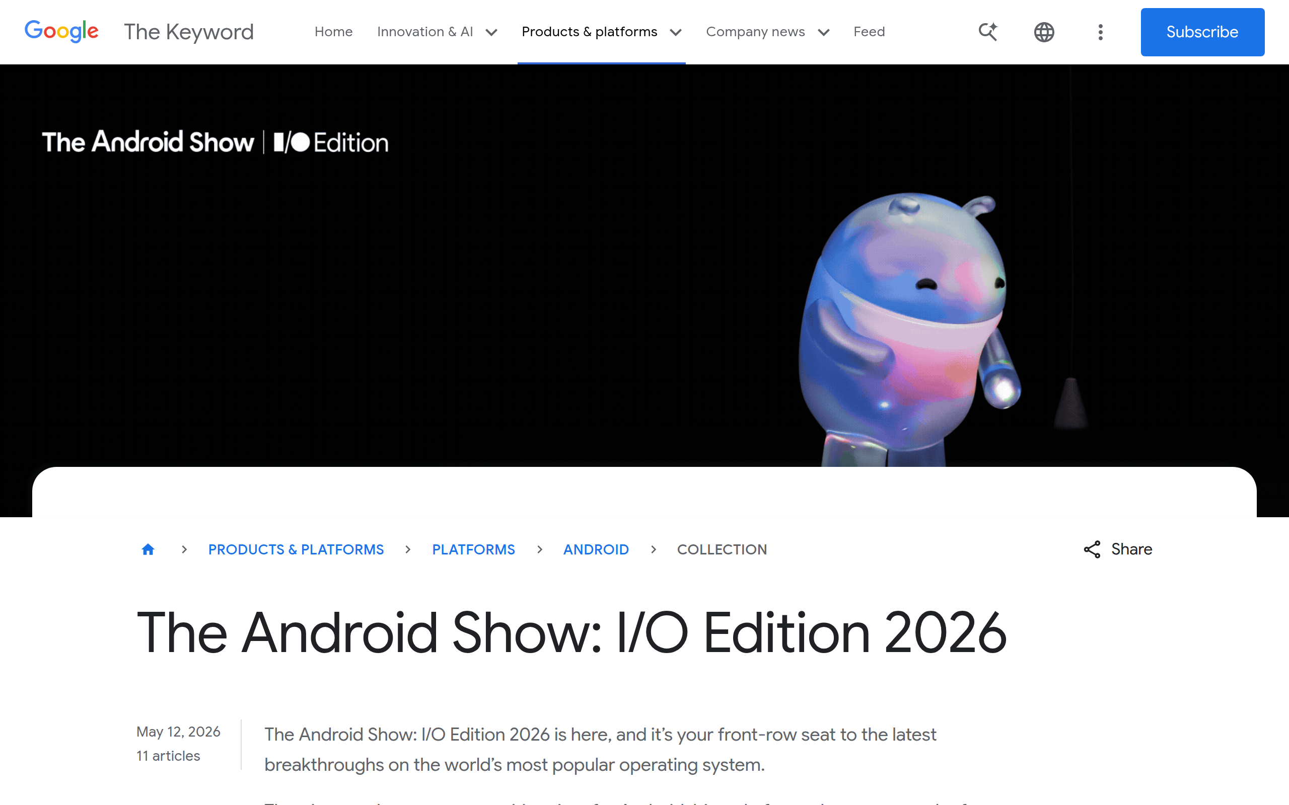 Google 官方 blog The Android Show: I/O Edition 2026 主页